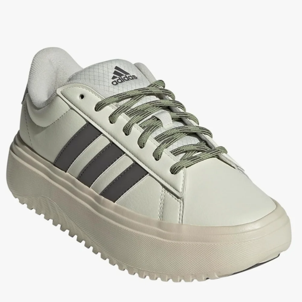 adidas Women's Cream Sneakers with Gray Stripes and Olive Laces